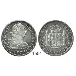 Mexico City, Mexico, bust 2 reales, Charles III, 1773FM, initials facing rim.