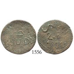 Oaxaca (SUD/Morelos), Mexico, copper 2 reales, 1811, rare.