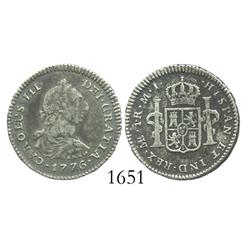 Lima, Peru, bust 1 real, Charles III, 1776MJ, desirable date.