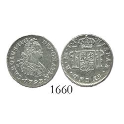 Lima, Peru, bust 1/2 real, Charles IV, 1793IJ, large bust.