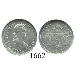 Lima, Peru, bust 1/2 real, Ferdinand VII, 1818JP, ex-Whittier collection, encapsulated NGC MS-63.