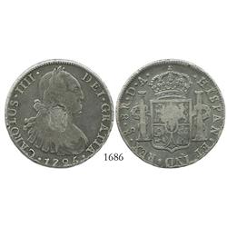 Portugal, 870 reis (1834), crowned-arms countermark on a Santiago, Chile, bust 8R, Charles IV, 1795D