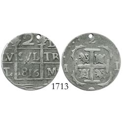 Caracas, Venezuela, "imitation cob" 2 reales, 1816, very rare.