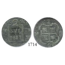 Caracas, Venezuela, "imitation cob" 2 reales, 1817, encapsulated ICG VF-20.