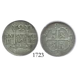 Caracas, Venezuela, 2 reales, 1821BS, castle in upper-left quadrant, variety with "antennas" under c
