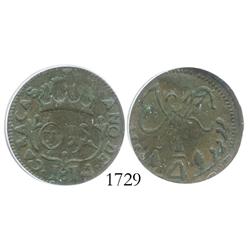 Caracas, Venezuela, copper 1/4 real, 1814, encapsulated ICG VF-25, rare.