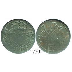 Caracas, Venezuela, copper 1/4 real, 1816, encapsulated NGC F-12 BN, rare.