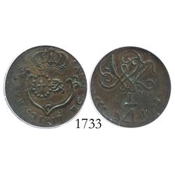 Caracas, Venezuela, copper 1/4 real, 1817, small date, encapsulated ICG VF-35.
