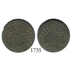 Caracas, Venezuela, copper 1/4 real, 1818, encapsulated NGC VF-30 BN.