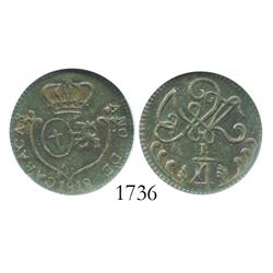 Caracas, Venezuela, copper 1/4 real, 1818, encapsulated NGC VF-25 BN, variety with two loops above d