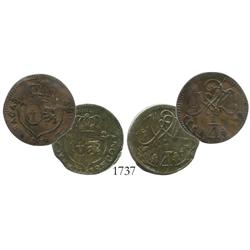 Lot of 2 Caracas, Venezuela, copper 1/4 reales, 1818, two different varieties.
