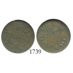 Caracas, Venezuela, copper 1/4 real, 1821, encapsulated NGC F-12 BN, scarce variety.