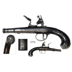 Small flintlock pistol, Queen Anne style (ca. 1750), marked Gloster / Jennings, with silver inlays a