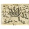 Image 1 : German woodcut engraving, early 1600s, showing a galleon and natives in canoes off an island ("I. La