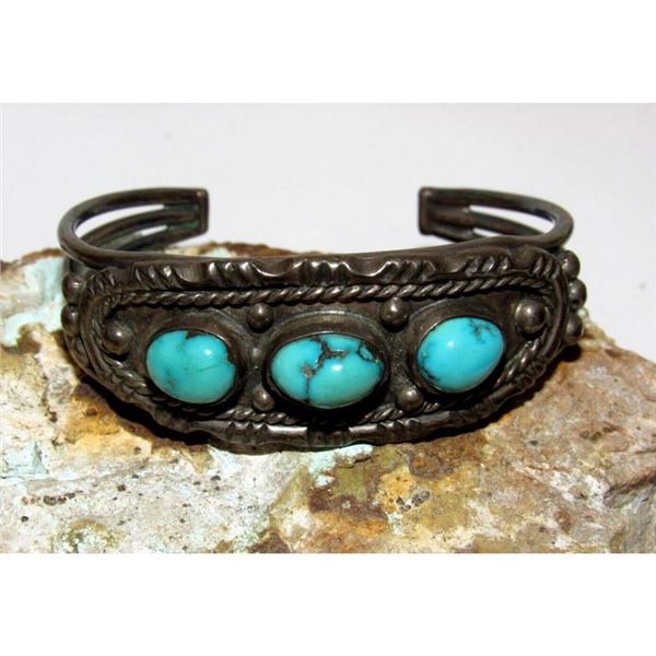 Old Pawn Navajo Turquoise Cuff Bracelet Sterling Silver Native American Vintage