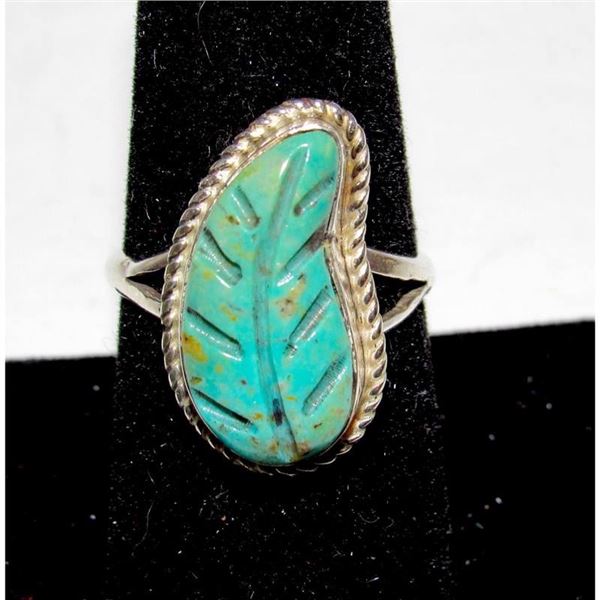 Zuni Carved Royston Turquoise Leaf Ring Size 8 Sterling Silver Native American