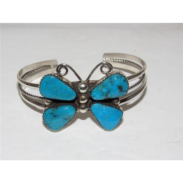 Navajo Kingman Turquoise Butterfly Cuff Bracelet Sterling Silver Signed