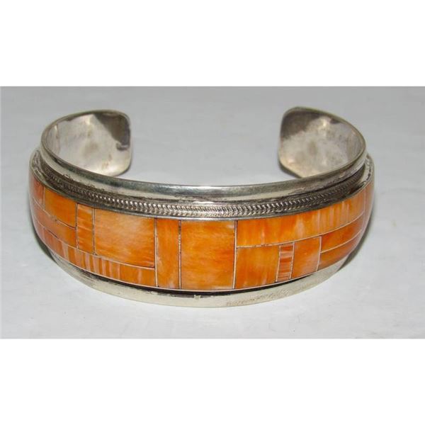 Navajo Orange Spiny Inlay Stacker Cuff Bracelet Sterling R. Begay