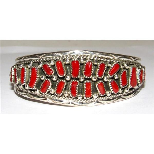 Navajo Mediterranean Coral Cuff Cluster Bracelet Sterling Silver Signed