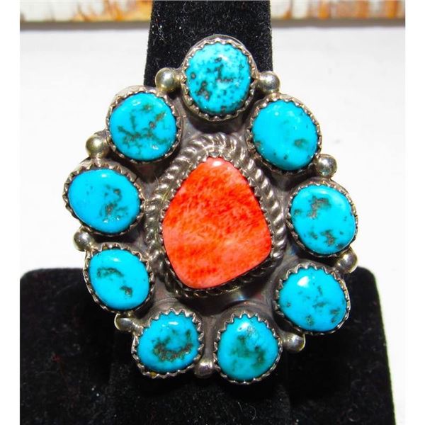Navajo Cluster Ring Sz 7 Orange Spiny Oyster Kingman Turquoise Sterling Silver