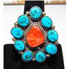 Image 1 : Navajo Cluster Ring Sz 7 Orange Spiny Oyster Kingman Turquoise Sterling Silver