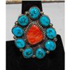 Image 2 : Navajo Cluster Ring Sz 7 Orange Spiny Oyster Kingman Turquoise Sterling Silver