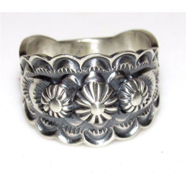 Navajo Band Ring Size 9 Sterling Silver Repousse Band Signed Bennie Ramone
