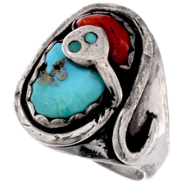 VTG Zuni Snake Ring Sz 10.5 Turquoise Coral Sterling Silver Effie Calavaza