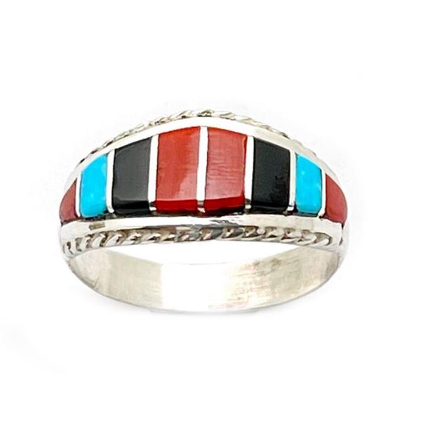 Zuni Coral Inlay Ring Sz 9 Sterling Silver M. Peynesta Native American