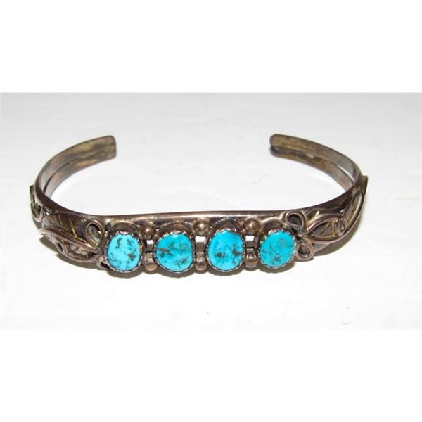Vintage Navajo Kingman Turquoise Stacker Cuff Bracelet Sterling Silver