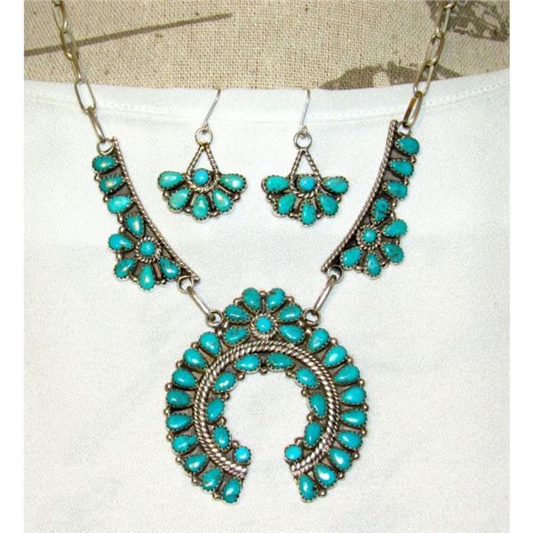Navajo Turquoise Cluster Naja Squash Blossom Necklace & Earrings Set Sterling Nez