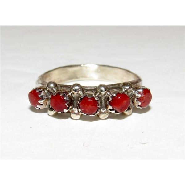 Zuni Snake Eye Coral Cluster Ring Size 7.5 Sterling Silver