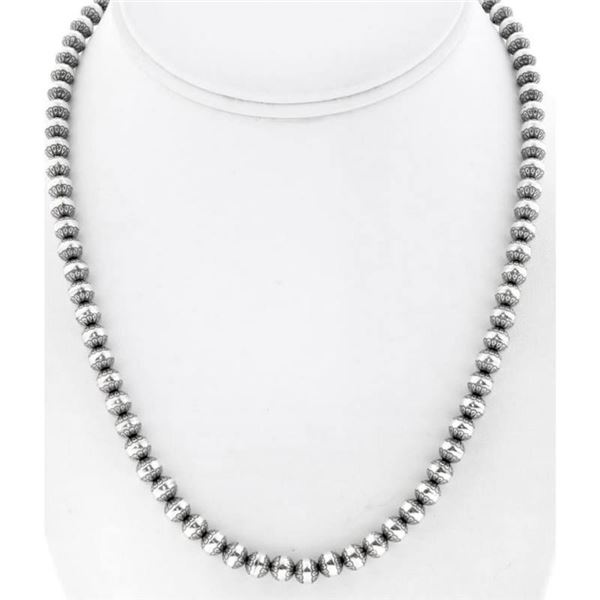 6mm Navajo Pearls Necklace Sterling Silver Stamped Beads Choker Necklace 18"L