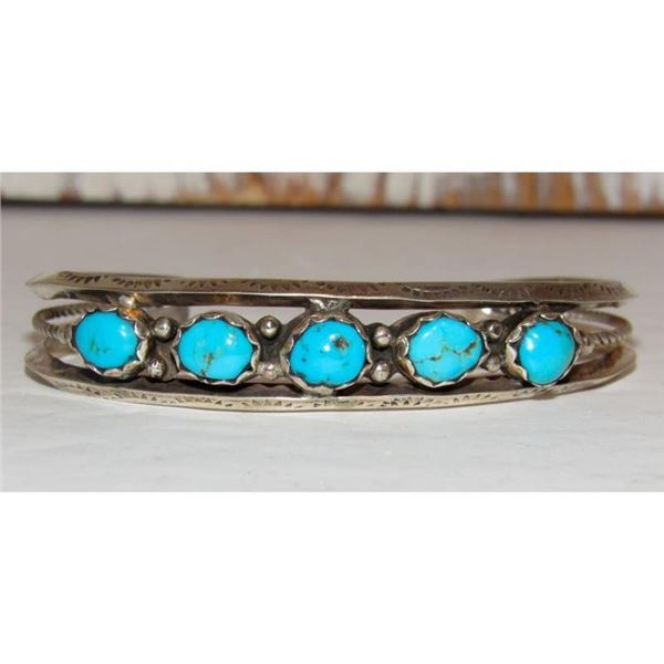 Navajo Blue Royston Turquoise Stacker Cuff Bracelet Sterling Silver Signed