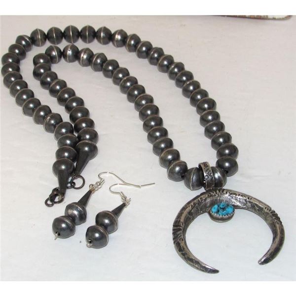 Vintage Navajo Pearls Naja Squash Blossom Necklace & Earrings Set Sterling