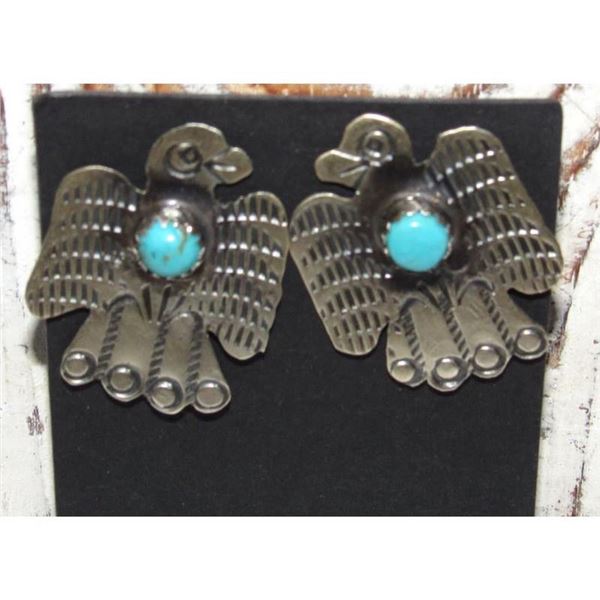 Vintage Navajo Thunderbird Post Earrings Sterling Silver Turquoise