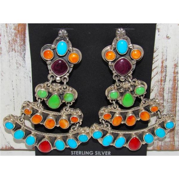 VTG Navajo Turquoise Dangle Earrings Orange Red Spiny Sterling