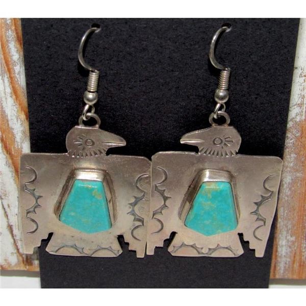 Vintage Navajo Thunderbird Earrings Sterling Silver Royston Turquoise
