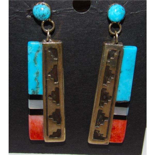 VTG Navajo Orange Spiny & Turquoise Dangle Earrings Sterling Silver E. Jackson