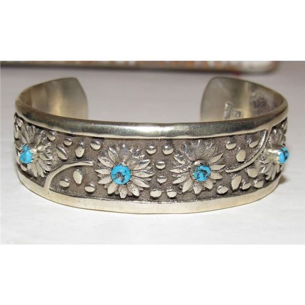 Navajo Turquoise Flower Cuff Bracelet Sterling Silver R. Martinez