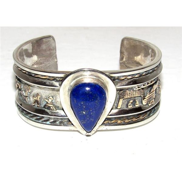 Vintage Navajo Sterling Silver Lapis Storyteller Cuff Bracelet