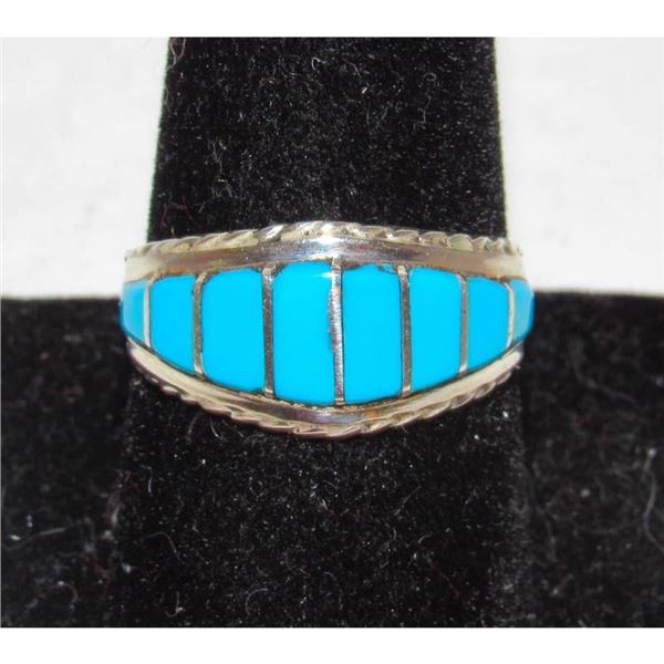 Zuni Turquoise Inlay Ring Sz 9 Sterling Silver M. Peynesta Native American