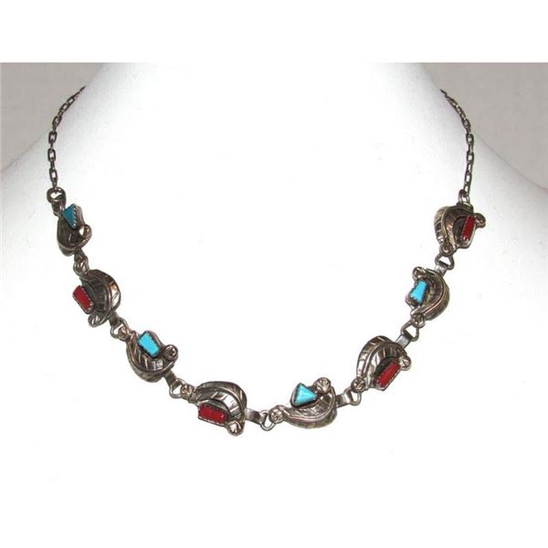 Vintage Navajo Sterling Silver Turquoise Coral Blossom Necklace