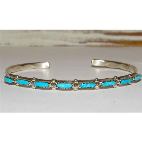 Zuni Turquoise Petit Point Stacker Cuff Bracelet Sterling Silver M. Hannaweeka