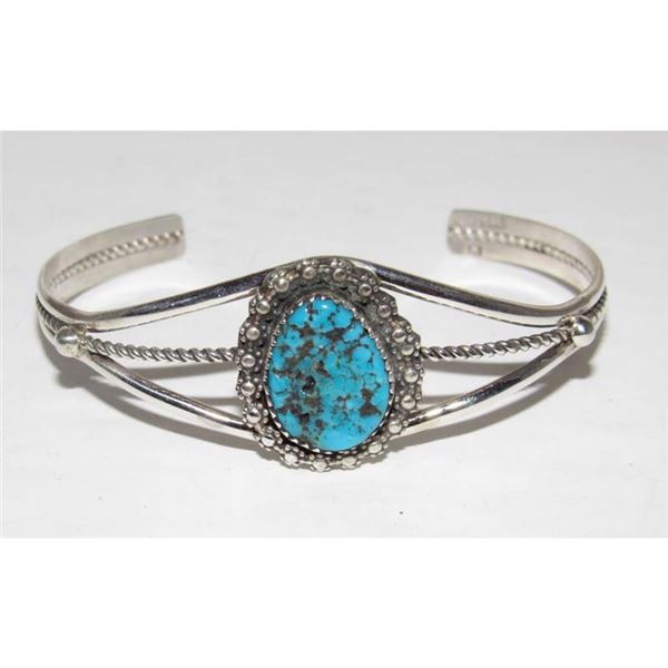Navajo Kingman Turquoise Cuff Bracelet Sterling Silver Native Signed