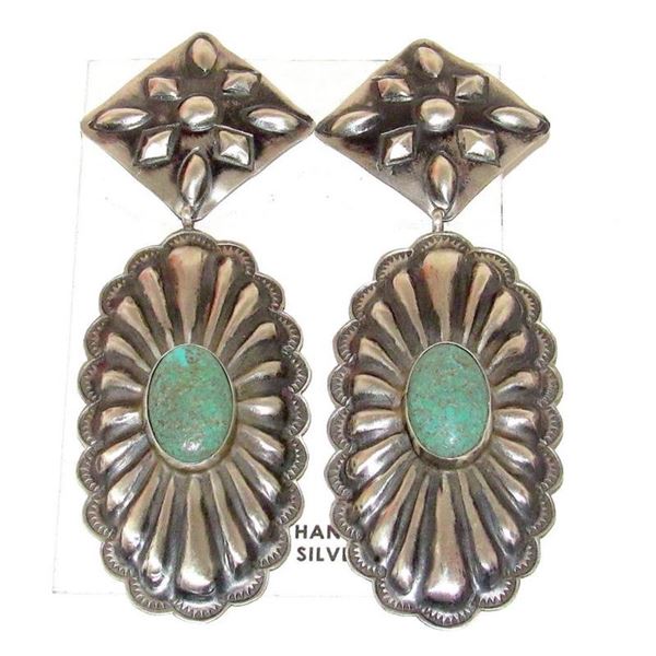 Navajo Statement Concho Earrings Sterling Silver Royston Turquoise 4"L