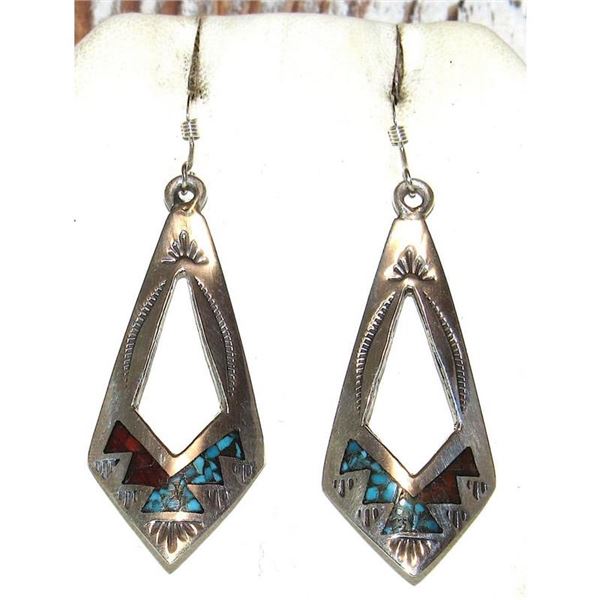 Navajo Dangle Earrings Tribal Design Turquoise Coral Inlay J. Yazzie
