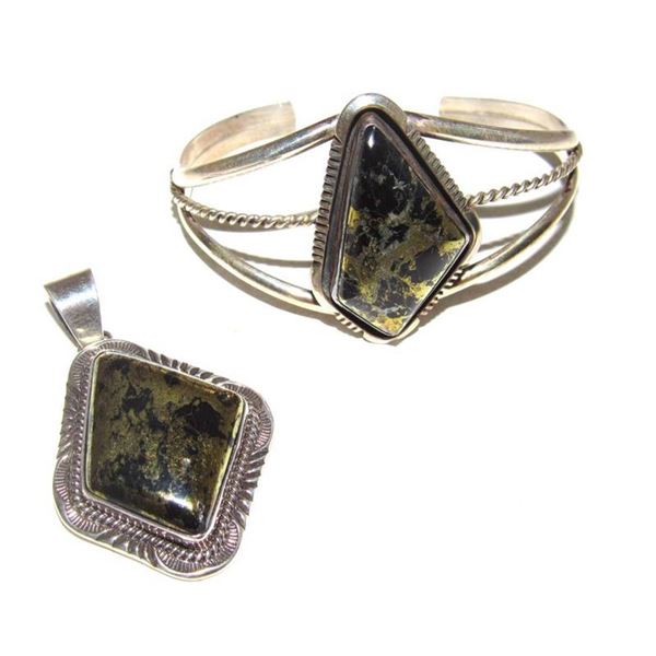 Vintage Navajo Pendant Bracelet Apache Gold Sterling Silver Set W. Denetdale