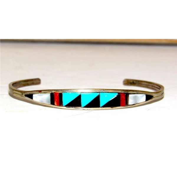 Zuni Inlay Turquoise Coral Bracelet Sterling Silver C. Weebothee Stacker