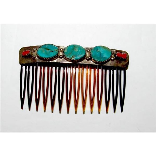 Vintage Navajo Sterling Silver Turquoise Coral Hair Comb